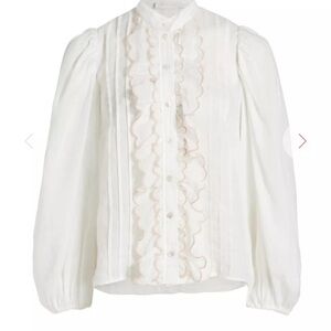Zimmermann Jude Scalloped Frill Button front Shirt Ivory White Linen Size 3
